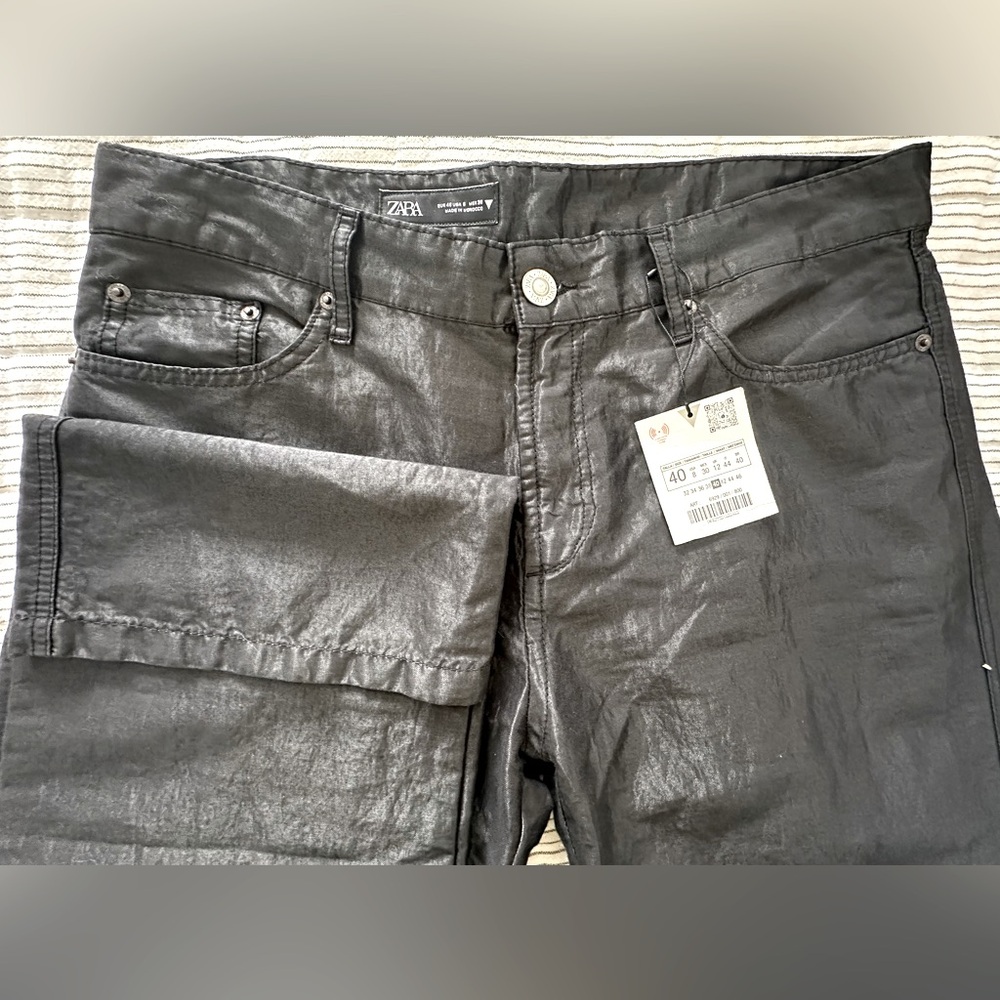 ZARA NWT SATIN EFFECT shiny METALLIC MID WAIST STRAIGHT LEG PANTS size 8